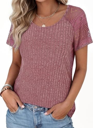 Pleneal Women's Short Sleeve Shirts Womens Summer Lace Tops Round Neck Dressy 2026 Spring Trendy Casual Business Clothes Wine - Image 1