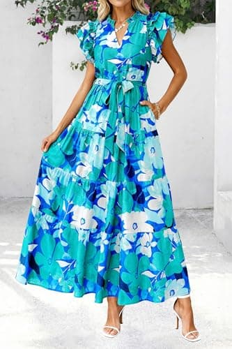 dowerme Women Summer Maxi Dresses 2026 Ruffle Sleeve V Neck Floral Boho Long Dress Belted Tiered Sundress with Pockets(Floral Blue Green,Small) - Thumbnail 5