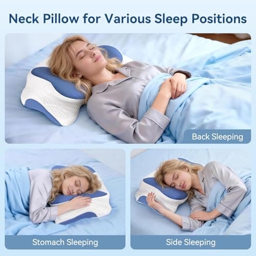 Paxato Cervical Neck Pillow for Sleeping, Ergonomic Contour Pillow for Neck and Shoulder Pain with Pillowcase, Cooling Memory Foam Pillows for Side Sleepers, Back Sleepers and Stomach Sleepers, Blue - Thumbnail 4