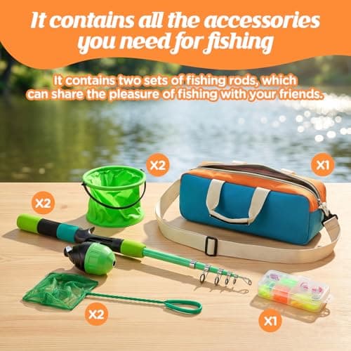 Kids Fishing Rod Reel Combo 4.92FT 2PCS Telescopic Kids Fishing Pole Spincast Reel with Accessories Ultralight Fishing Tackle Starter Kit Kids Fishing Pole for Boys Girls Toddlers (Green&Blue) - Thumbnail 3
