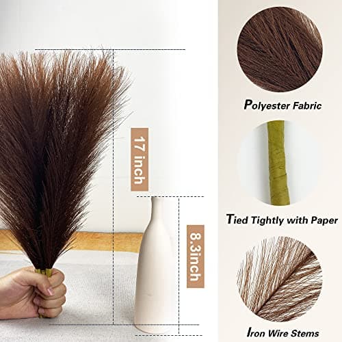 Faux Pampas Grass Small, 17" Dark Brown Artificial Pampas Grass Fluffy 3 Pcs pompous Grass Flower Arrangement and Vase Filler for Boho Home Wedding Decoration - Thumbnail 5