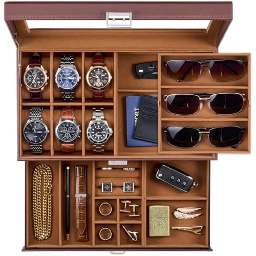 ProCase Mens Jewelry Box, Lockable 6 Slot Watch Case & 3 Slot Sunglasses Organizer, 2-layer Mens Jewelry Organizer Watch Box for Men, Watches Holder Display Storage Valentine Birthday Gifts -Brown - Image 1