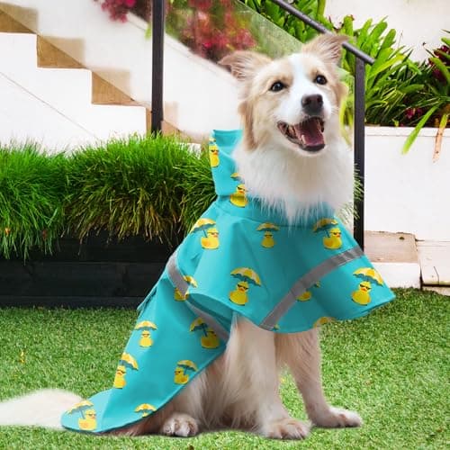 NACOCO Large Dog Raincoat Adjustable - Pet Rubber Ducks Yellow Water Proof Clothes Lightweight Rain Jacket Poncho Hoodies with Strip Reflective Pink (Lake Green L, Sunglass Duck) - Thumbnail 4