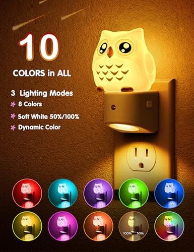 L LOHAS LED Night Light for Kids, 3D Owl Night Light Plug in, Dusk to Dawn Nursery Night Lights, RGB+Soft White 3000K, 3 Lighting Modes, Room Decor, Children - Thumbnail 2