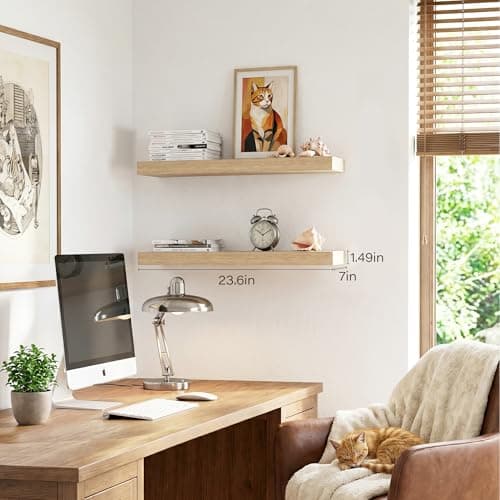 Modcraft Floating Shelves for Wall 24 Inch (Set of 2), 7.1" Deep Wide Wall Mounted Shelf for Bathroom Organizer Over Toilet, Modern Wood Storage Shelving for Bedroom Kitchen Living Room, Oak - Thumbnail 2