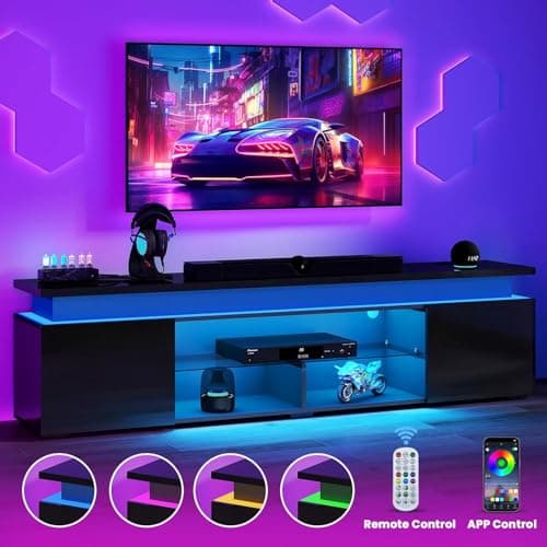 Lamtor TV-Stand for 85 Inch TV - Led TV Stand with Power Outlet, Modern Entertainment Center with Glass Shelf, High Glossy Gaming TV Media Console for Living Room, Black - Thumbnail 4
