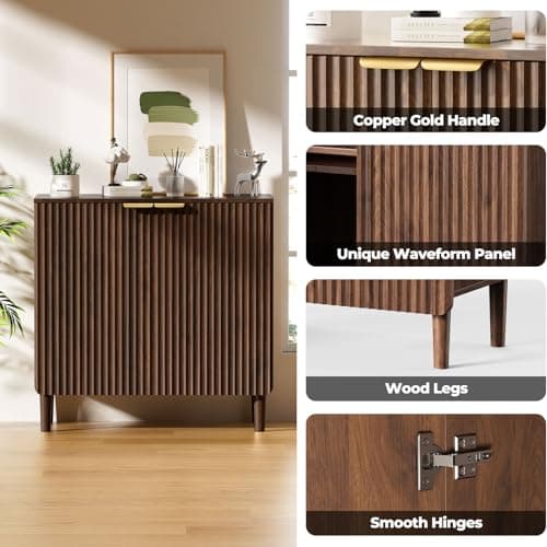 LOOMORA Sideboard Buffet Storage Cabinet - Wood Cabinets with Adjustable Shelves Fluted Doors, Anti-Tip Console Table for Kitchen Dining Living Room or Entryway Hallway, Easy Assembly, Walnut - Thumbnail 5