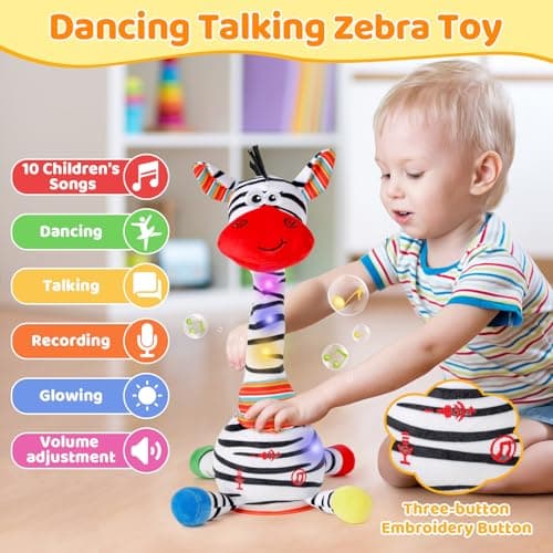 Dancing Talking Zebra Toy,Interactive Mimicking Repeating Zebra Plush Toy,Funny Gift Infant 6-18 Months,10 Children's Song,Tummy Time Toy Zebra Stuffed Animal for Toddlers 1 2 3 Year Old Boy Girl - Thumbnail 2