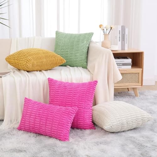 decorUhome Hot Pink Neutral Decorative Throw Pillow Covers 26x26 Inch Set of 2, Boho Soft Corduroy Striped Square Pillow Covers Modern Twill Pillow Covers for Couch Bed Sofa Living Room - Thumbnail 6
