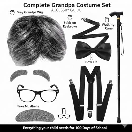 Santoy Old Man Wig Costume for Kids - 100 Days of School Dress-Up with Grandpa, Perfect for Halloween Cosplay and Fun for Adults and Boys - Thumbnail 3