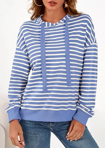 KIRUNDO Womens Striped Hoodies Sweatshirt 2026 Fall Long Sleeve Color Block Drawstring Casual Loose Pullover Top Y2K Clothes(Blue, Small) - Thumbnail 6