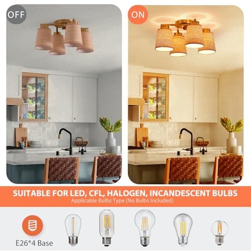 Majhoiw Boho Rattan 4-Light Flush Mount Ceiling Light Fixture 18" Coastal Farmhouse Chandeliers Rustic Ceiling Lamp for Dining Room Bedroom Entryway Foyer Living Room - Thumbnail 4