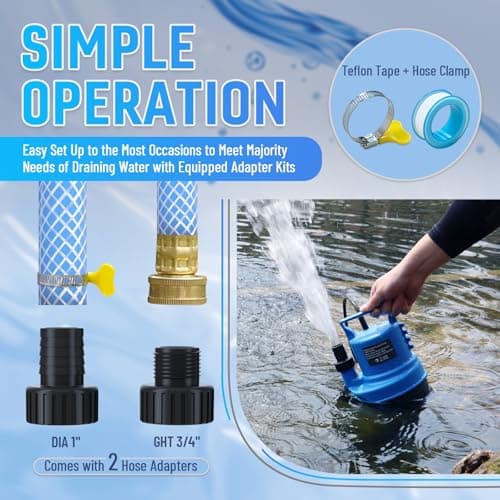PANRANO 1 HP Submersible Water Pump 3500 GPH Portable Small Sump Pump For Pool Cover, Basements, Puddles, Gardens Ponds With 16.4 Ft Power Cord and Hose Adapters, Blue - Thumbnail 5