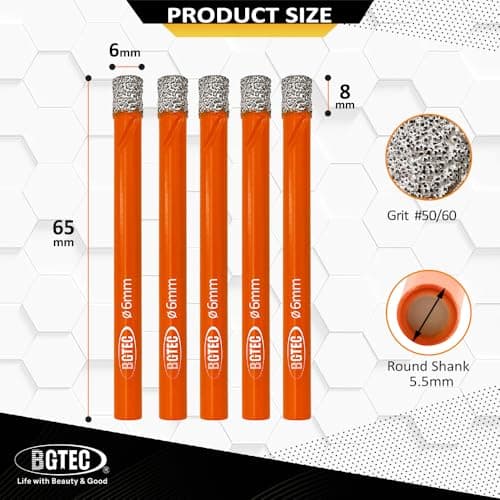 Dry Diamond Drill Bit Set,BGTEC 5pcs 1/4" 6mm Hole Saw for Granite,Marble,Masonry, Concrete, Tile/Ceramic, Glass, Hard Plastic,Vacuum Brazed Diamond Core Drill Bit Kit - Thumbnail 2