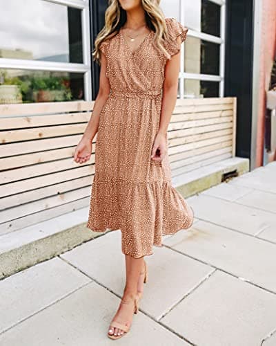 BTFBM Women Summer Bohemian Floral Casual Wrap V Neck Ruffle Cap Sleeveless Belt A-Line Pleated Hem Swing Midi Sun Dress (Coffee, X-Large) - Thumbnail 6