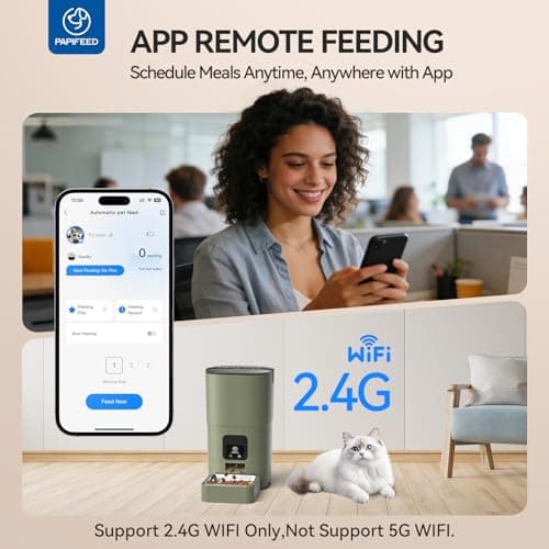 PAPIFEED Automatic Cat Feeder with App, 2.4G WiFi Cat Food Dispenser, 6L Timed Cat Feeders for Dry Food, 10 Meals/Day, 12 Portions/Meal, Dual Power Supply Smart Pet Feeder for Small Dog, Army Green - Thumbnail 2