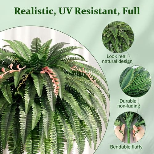 AMORISE 2PCS 48"/128Leaves Artificial Boston Fern Bush, Large Artificial Ferns for Outdoors Look Real Fake Ferns, UV Resistant Faux Outdoor Plants, Faux Fern Vines for Home and Office Decor - Thumbnail 3