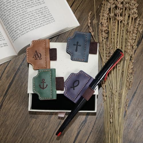 Buyborgood 4 Pcs Personalized Magnetic Leather Bookmark Pen Holder Book Lovers Christian Gifts Bygone Mark for Reading, Purple-Jesus Fish + Brown-AΩ + Blue-Cross + Green-Anchor - Thumbnail 3