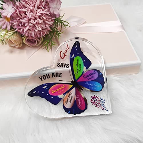JUNQIU Christian Gifts for Women, Inspirational Faith Gifts for Women Religious, Bible Verse and Encouragement Butterfly Desk Decor, Gift for Mom, Friend, Sister- Acrylic Hearts Plaques - Thumbnail 4