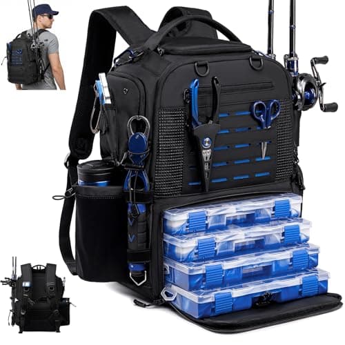 oinitiry Fishing Tackle Backpack with Tackle Boxes, Two Rod Holders, Bottle Holder, 50L Waterproof Tackle Bag for Fishing Gear, Fish Gifts for Men, Black (4 Tackle Boxes Included