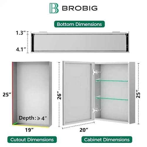 BROBIG 20 x 26 Medicine Cabinet Mirror, Moisture-Proof Aluminum Bathroom Medicine Cabinet with Mirror, Bathroom Mirror Cabinet with Adjustable Shelves, DTC Hinges, Recessed/Surface-Mounted - Thumbnail 2