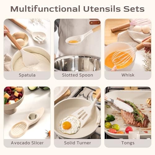 Astercook Kitchen Utensils set, 39 PCS Silicone Cooking Utensils Set with Wooden Handle, 446°F Heat Resistant Food Grade Utensil Sets, BPA Free Kitchen Gadgets Tools Set for Nonstick Cookware (Cream) - Thumbnail 6