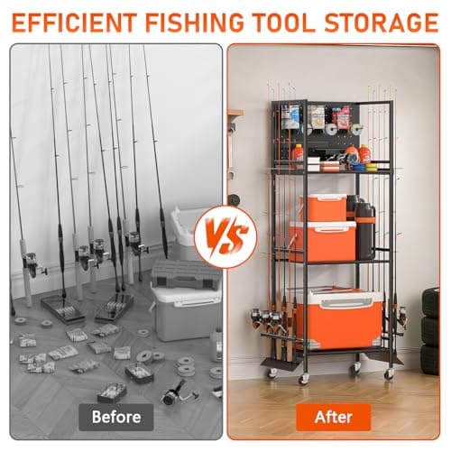 GloCryp 3-Shelf Fishing Pole Holders for Garage, Fishing Rod Holder Up to 12 Rods，Rolling Fishing Storage Cart for Tackle Box & Accessories, Fishing Gifts for Men - Thumbnail 5