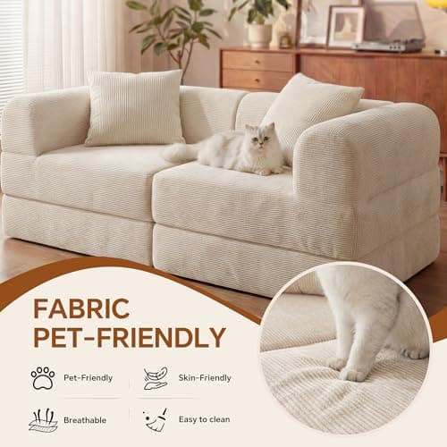 ceamorfco Boneless Couch, 74.8 Inch Modular Sofa Bed with Wide Armrest, Beige Corduroy Loveseat Sleeper with Removable Washable Cover, Comfy Floor Sofa for Living Room, Apartment, Office, No Assembly - Thumbnail 6