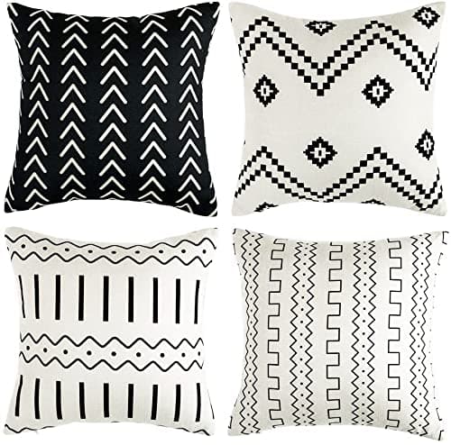 WLNUI Set of 4 Boho Pillow Covers,18x18 Pillow Covers Modern Throw Pillow Covers Black Geometric Mudcloth Linen Neutral Decorative Pillow Covers for Sofa Couch Chair - Image 1