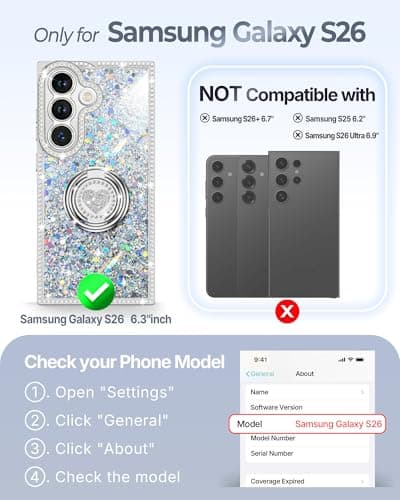 XYZ for Galaxy S26 Plus Case, Glitter Bling Phone Cover with 2-Ring Heart Stand & Lanyard, Women Girls Luxury Rhinestone Shockproof Protective Case para Samsung S26 Plus, Silver - Thumbnail 2