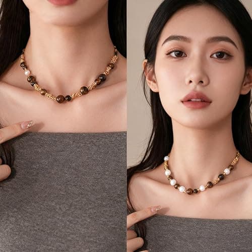 Elrcryon Tiger Eye Beaded Necklace for Women, Gold-Plated Adjustable Clavicle Chain, Adjustable 16-18 Inch Bohemian Fashion Jewelry for Daily/Casual Wear, Birthday Xmas Gift - Thumbnail 2