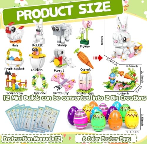 3.5"Prefilled Easter Eggs with Easter Bunny Building Blocks Toy Set - 12 in 1 Rabbit Building Kit, Easter Basket Stuffer Egg Hunt Party Favors Classroom Prizes Filled Easter Egg Gift for Kids Boy Girl - Thumbnail 2