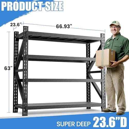 BIZOEIRON Heavy Duty Garage Storage Shelves 5000LBS Capacity, 67" Wide Metal Garage Shelving Units, 4-Tier Large Industrial Shelving for Shop Warehouse Basement Factory, 67" W x 24" D x 63" H - Thumbnail 2