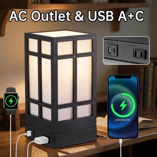 Beside Table Lamp set of 2 with AC Outlet, USB A & C Charging Port,Small Rectangular Nightstand Lamp with Bamboo Linen Shade,LED Bulbs Included,Tabletop Reading Lamp for Living Room/Dorm/Office - Thumbnail 2