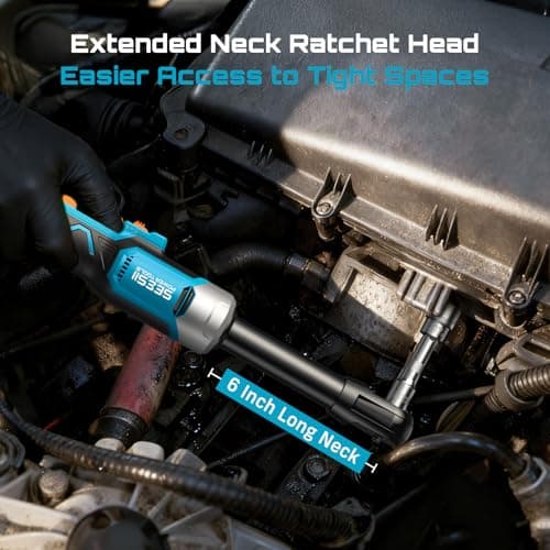 Cordless Electric Ratchet Wrench 3/8", 6" Extended Neck, 3-Speed Adjustable, 74 Ft-lbs Max Torque, 21V Power Brushless Ratchet with 2×2.0Ah Batteries & Fast Charger, 8 Sockets, 1/4"& 1/2" Adapter - Thumbnail 3