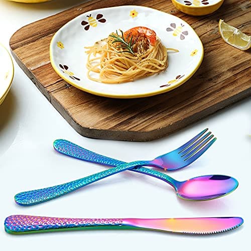 LIANYU 12-Piece Rainbow Kids Silverware Set, Stainless Steel Toddler Utensils, Hammered Preschooler Metal Flatware Cutlery Set, Children Tableware Includes Knives Forks Spoons, Dishwasher Safe - Thumbnail 6
