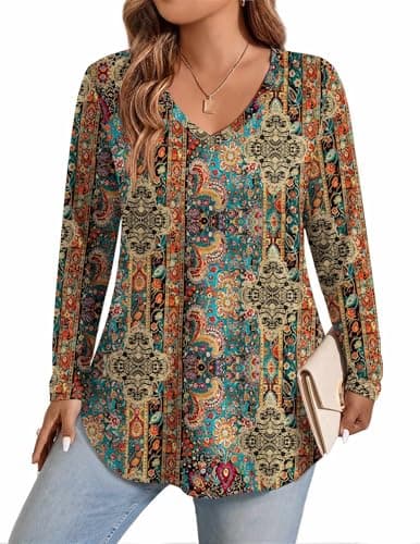 IN'VOLAND Boho Tops for Women Long Sleeve Shirts V Neck Casual Tunic Shirt - Image 1