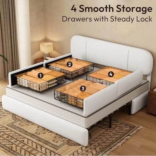 Uteeran King Size Bed Frame with Storage, Boucle Cloud Bed with 4 Locking Drawers & LED Lights, Modern Upholstered Platform Bed, Plush Sides & Footboard, Adjustable Headboard, No Box Spring, White - Thumbnail 4