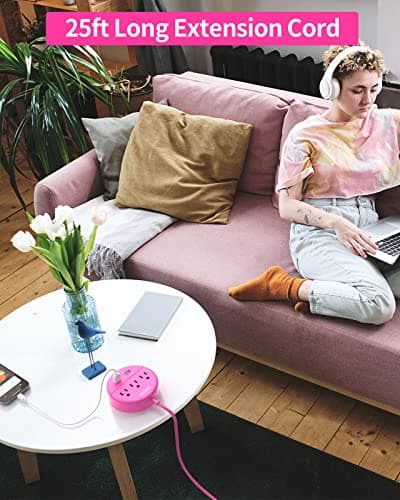 Pink Extension Cord 25ft, NTONPOWER Flat Plug Power Strip with Long Extension Cord, 3 Outlet 2 USB Compact Desktop Charging Station Wall Mount for TV Living Room, Dorm, Office and Nightstand - Thumbnail 2