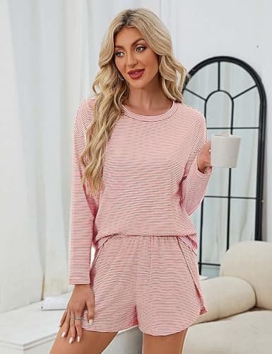JUSTFASHIONNOW Womens Long Sleeve Pajama Sets Cute Lounge Set 2 Piece Crew Neck Striped Sleepwear Comfy Split Short Pajama Set Soft Fall Outfits Christmas Loungewear Cozy Pj sets (Red, Large) - Thumbnail 3
