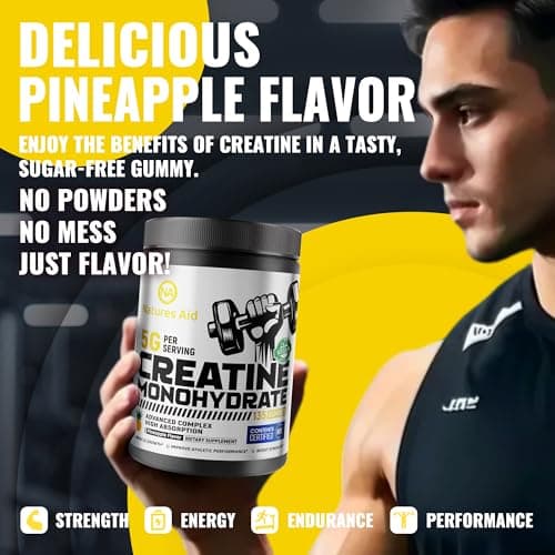 Natures Aid NSF Certified Creatine Gummy 5g - Creatine Monohydrate Gummies – Pre-Workout Energy & Muscle Growth Support for Men & Women | Pineapple Electrolyte Gummies (135 Count) - Thumbnail 6