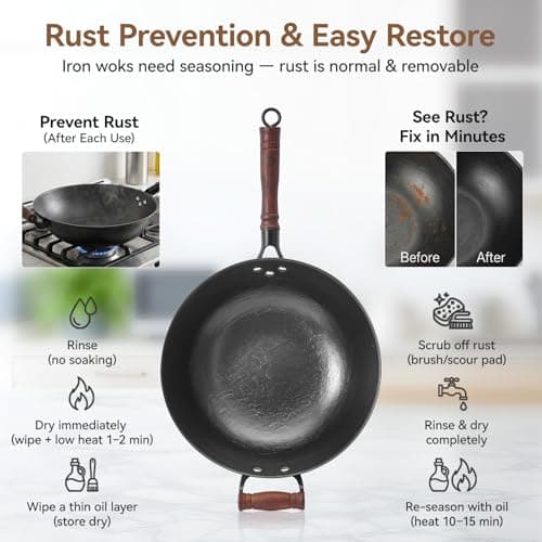 WANGYUANJI Cast Iron Wok Pan with Lid, 14.2 Inch Flat Bottom Uncoated Stir Fry Skillet, Large Heavy Duty Chinese Iron Pot for Family Cooking, Induction & Gas Safe - Thumbnail 2