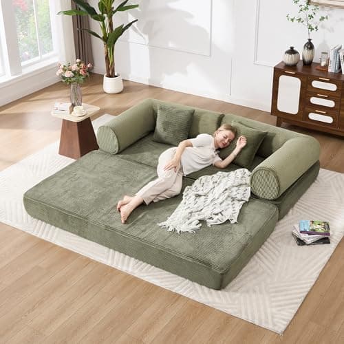 Tbfit 79'' Folding Boneless Couch, Oversized Corduroy Convertible Sofa Bed, Futon Mattress Sleeper Sofa, Comfy Foldable Upholstered Floor Couches for Living Room, Green - Image 1
