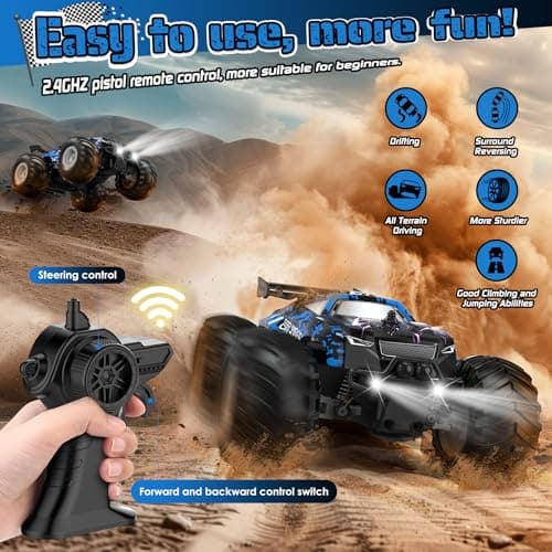 Hielse Remote Control Car, All-Terrain Remote Control Truck for Boys, Rechargeable Rc Truck with LED, 1:20, 10KM/H, 2 Motors, 2.4GHZ, Speed Friendly, Sturdy, Rc Cars for Christmas, Kids, Beginner - Thumbnail 2