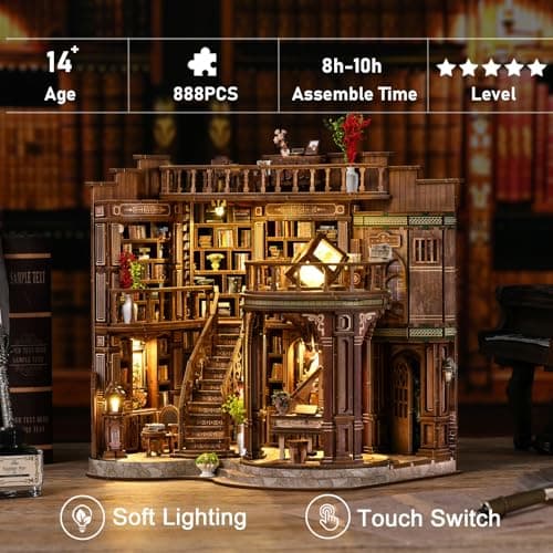 Havefunfun Dreamy Book Hall Book Nook Kit – DIY Miniature Dollhouse 3D Wooden Puzzle, Multi-Layer Vintage Library with LED Warm Light, Premium Imported Wood Bookends, Creative Gift for Adults & Teens - Thumbnail 4
