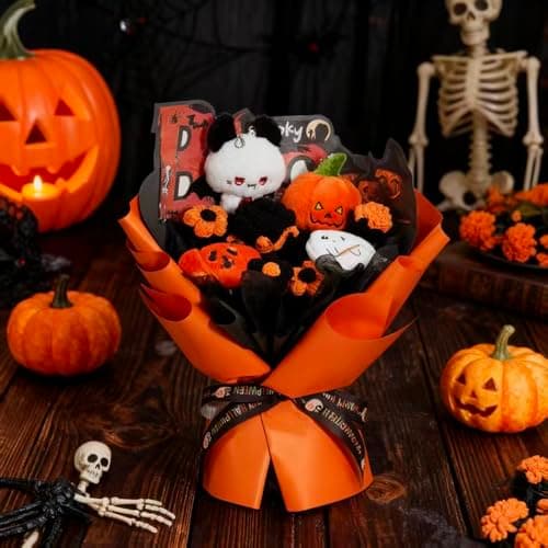FLOLVISOU Halloween Crochet Bouquet Handmade Black and Orange Floral Arrangement with Plush Pumpkins and Ghosts Home Table Decor Unique Gift for Women and Kids - Thumbnail 2