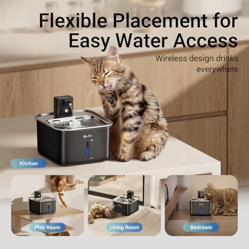 DownyPaws Cat Water Fountain Stainless Steel Wireless, 101 oz/3L FurSink Cordless Water Fountain for Cats, Battery Operated Cat Fountains for Drinking with Motion Sensor, Easy Clean, Black - Thumbnail 3