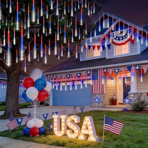 KNONEW Red White and Blue Solar Lights, 20 Tube 720 LED Solar Meteor Shower Lights Outdoor Waterproof Falling Raindrop Lights for Independence Day Tree Garden Yard Patio Gazebo 4th of July Decorations - Thumbnail 6