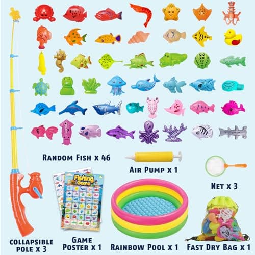 CozyBomB™ Magnetic Fishing Toys Game Set for Kids | Water Table Bathtub Kiddie Pool Party Pole Rod Net, Outdoor Plastic Floating Fish, Toddler Bath Color Ocean Sea Animals Birthday Gift Age 3-5 6 4-8 - Thumbnail 2