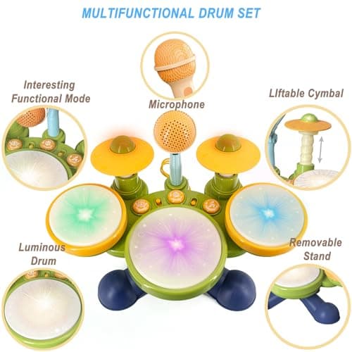 Electronic Hand Drum Set for Toddlers with Microphone, Cymbals and Lights - Thumbnail 3